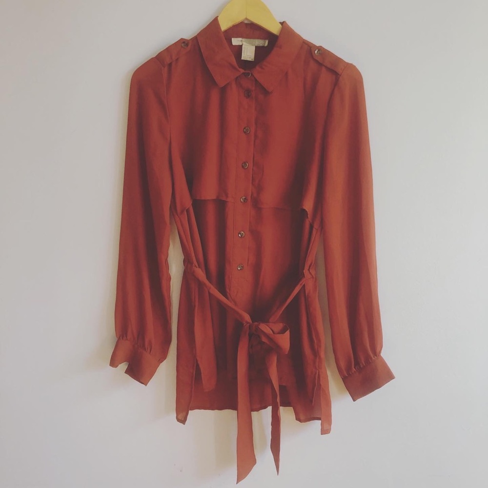 Love 21 Burnt Orange Tie Waist Blouse